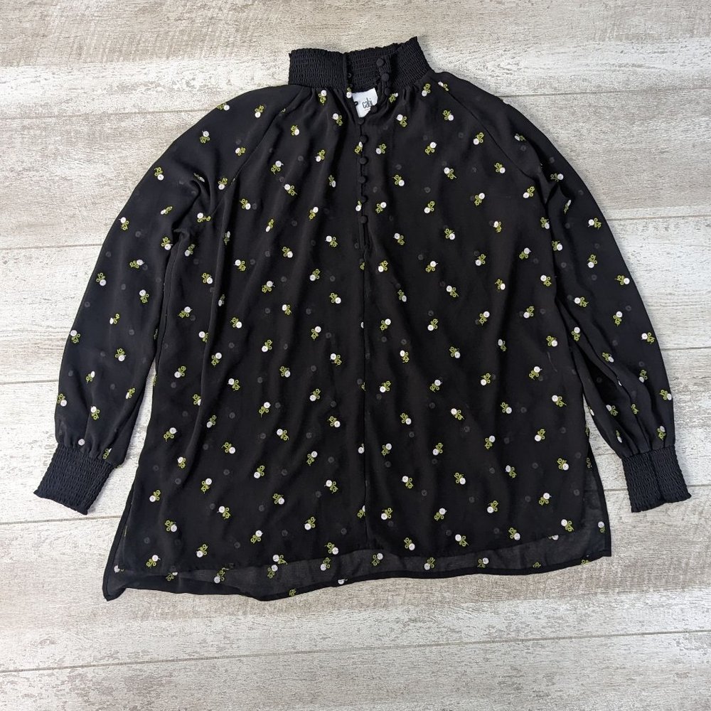 Cabi Sheer Tunic Blouse Top Women's X-Small Black Floral Embroidered Long Sleeve